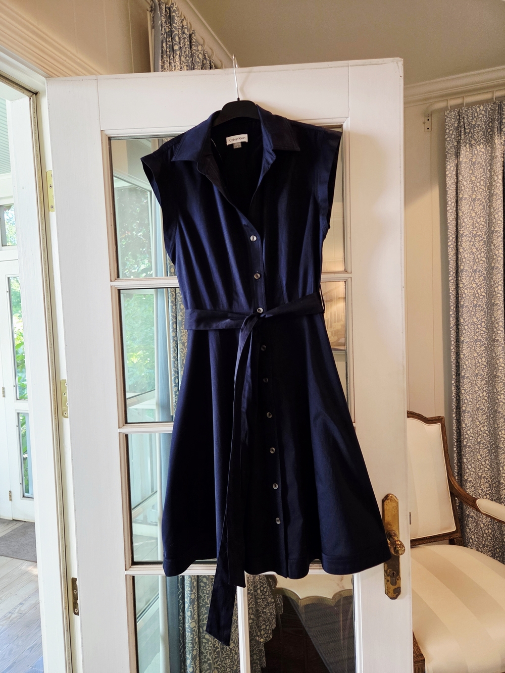 Calvin Klein Navy Sleeveless Button-Front Midi Dress with Tie Waist